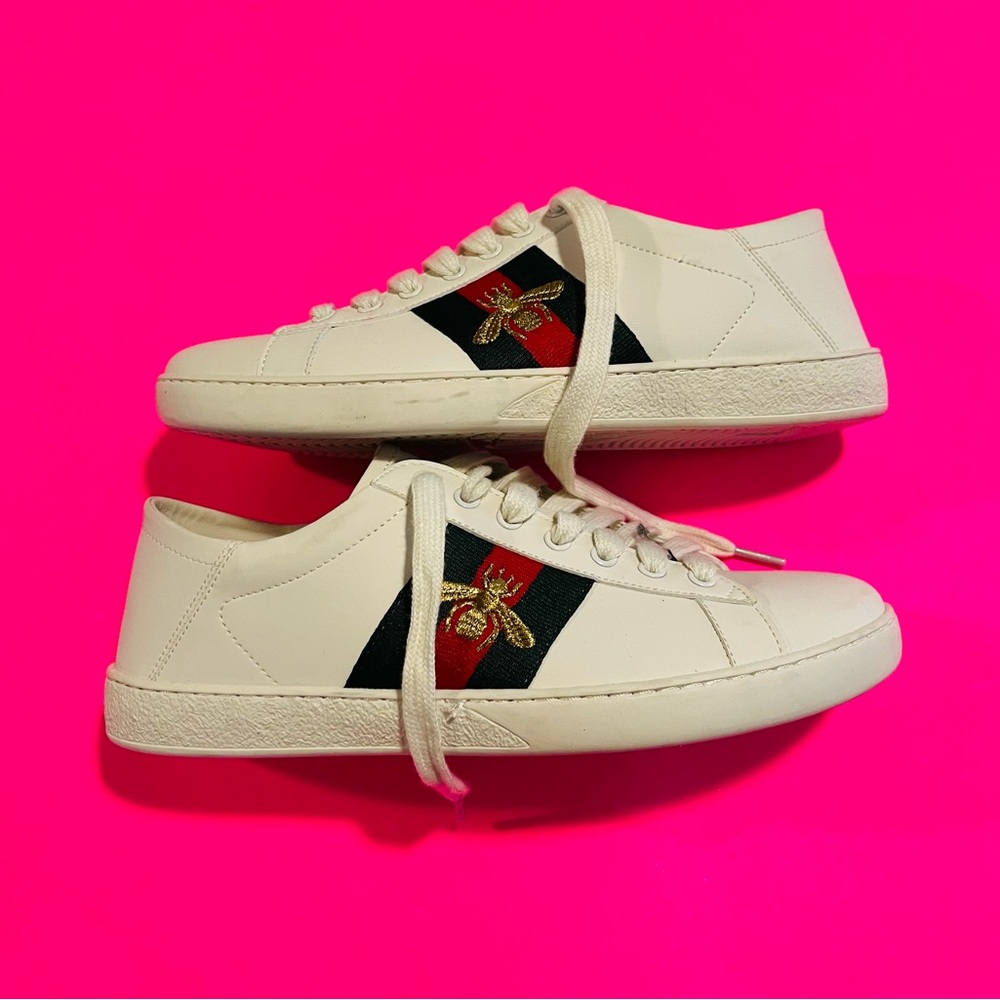 Gucci Men’s New Ace Bee White Leather Sneakers Size 41 - Picture 4 of 8